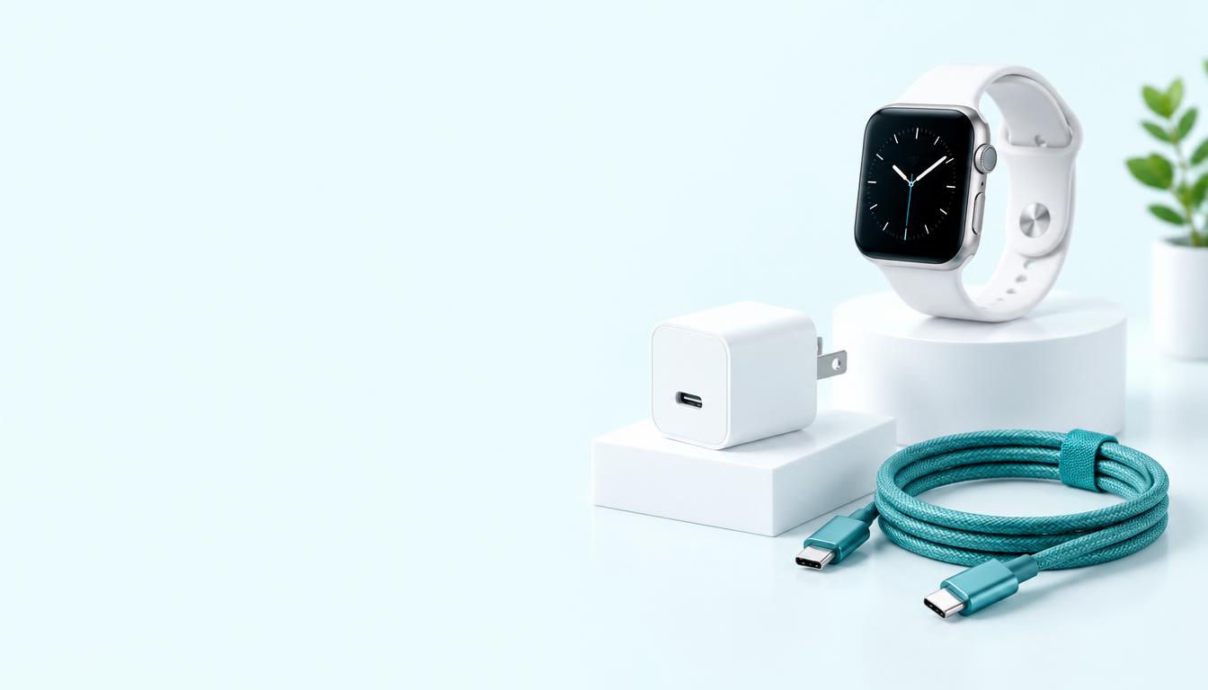 Smart watch, charger and charging cable on a bright background