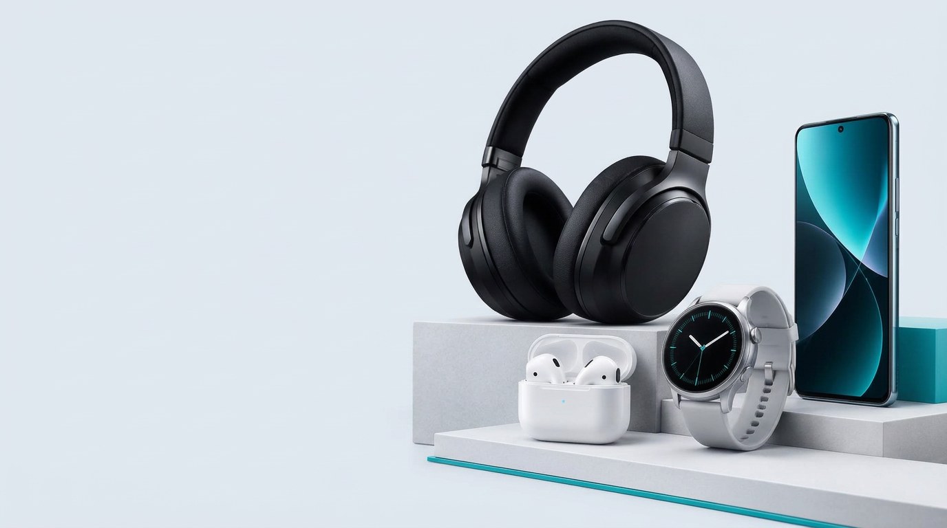 Headphones, earbuds, smartwatch and smartphone